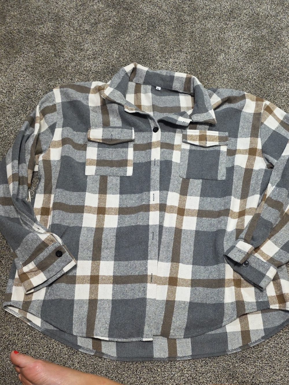 Womens Gray and Brown Plaid Button-Up Shirt